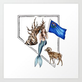 Nevada Mermaid Art Print | Nevadaflag, Statesymbols, Nevadagirl, Bighornsheep, Nevada, Bristleconepine, Lasvegas, Drawing, Stateflag, Ink Pen 
