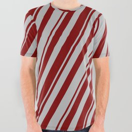 [ Thumbnail: Maroon and Grey Colored Pattern of Stripes All Over Graphic Tee ]