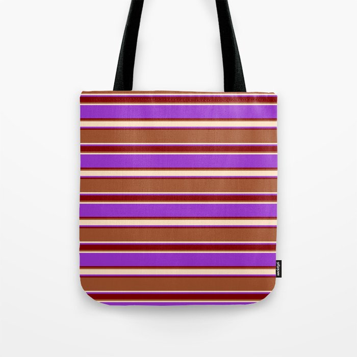 Sienna, Bisque, Dark Orchid, and Maroon Colored Lined/Striped Pattern Tote Bag