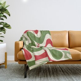 Retro Christmas Swirl Abstract Pattern in Olive Green, Sage, Xmas Red, and Cream Throw Blanket
