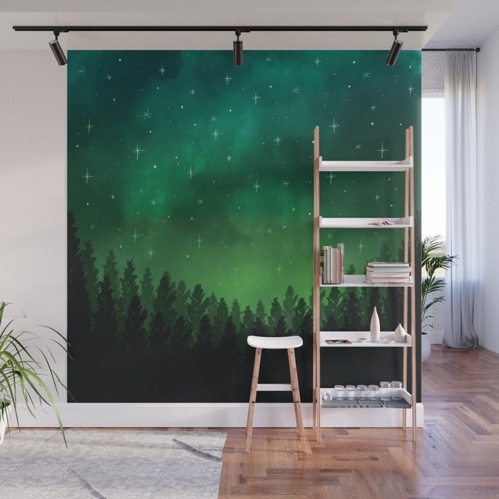 Stars in Space Over Forest (green) Wall Mural