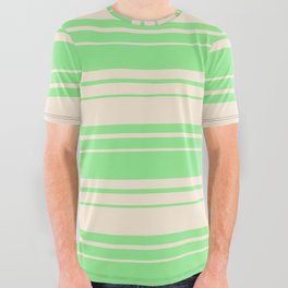 [ Thumbnail: Light Green and Beige Colored Stripes/Lines Pattern All Over Graphic Tee ]