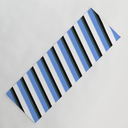 [ Thumbnail: Eyecatching Cornflower Blue, Dark Slate Gray, Black, White, and Light Blue Colored Striped Pattern Yoga Mat ]