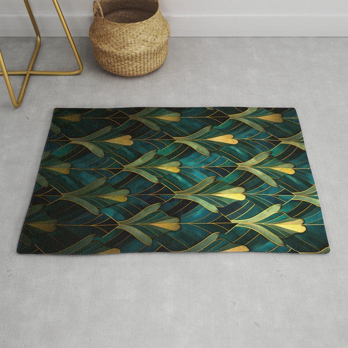 Teal and Gold Leaves Pattern Luxurious Aesthetic Vintage Inspired Rug