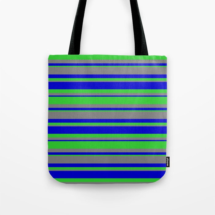 Blue, Lime Green & Gray Colored Lined/Striped Pattern Tote Bag