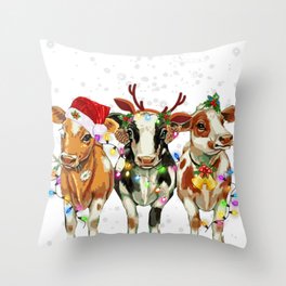 Cow Reindeer Hat Santa Christmas Light Funny Cow Christmas Throw Pillow