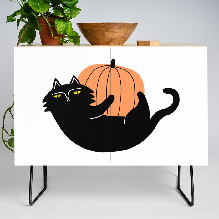 Halloween black cat cartoon animal illustration Credenza