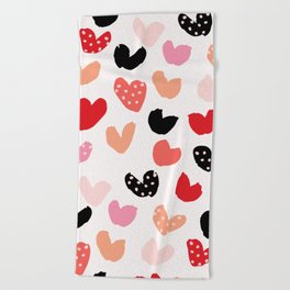 Brushy dotty hearts - black, peach, red and white Beach Towel