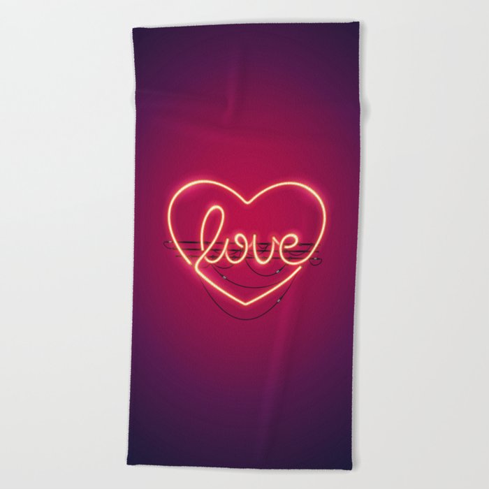 Love Heart Neon Sign Beach Towel
