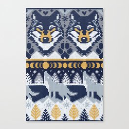 Fair isle knitting grey wolf // navy blue and grey wolves yellow moons and pine trees Canvas Print