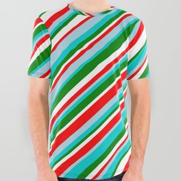 [ Thumbnail: Vibrant Red, Light Blue, Dark Turquoise, Green & White Colored Striped Pattern All Over Graphic Tee ]