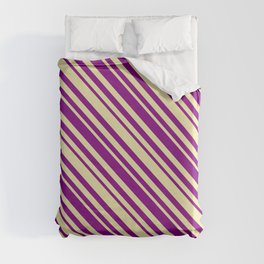 [ Thumbnail: Pale Goldenrod and Purple Colored Lined Pattern Duvet Cover ]