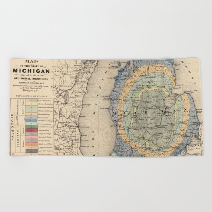 Vintage Michigan Geology Map (1873) Beach Towel