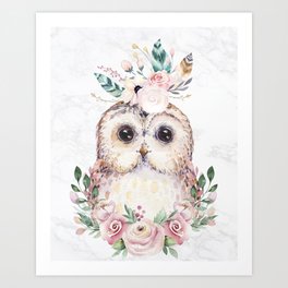 Forest Owl Floral Marble by Nature Magick Art Print