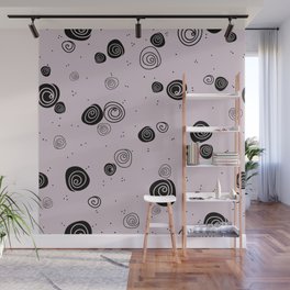 Black doodle roses and dots on blush pink background Wall Mural