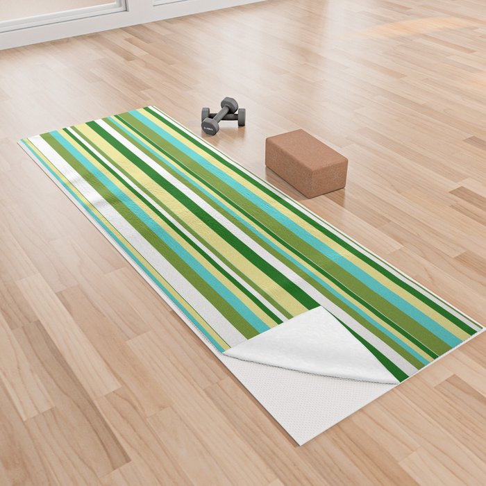 Tan, Turquoise, Green, White, and Dark Green Colored Pattern of Stripes Yoga Towel