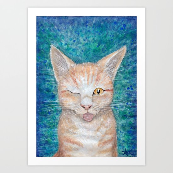 ;P ~ "Seb the Groovy Cat" by Amber Marine ~ Watercolor & Acrylic Painting, (c) 2016 Art Print