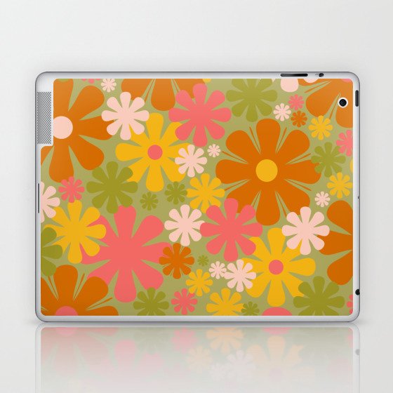 Retro 60s 70s Aesthetic Floral Pattern in Green Pink Yellow Orange Laptop & iPad Skin