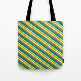 [ Thumbnail: Yellow, Light Sky Blue, Chocolate & Teal Colored Pattern of Stripes Tote Bag ]