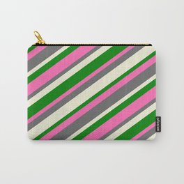 [ Thumbnail: Hot Pink, Dim Gray, Beige, and Green Colored Stripes Pattern Carry-All Pouch ]