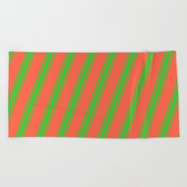 [ Thumbnail: Red and Lime Green Colored Striped Pattern Beach Towel ]
