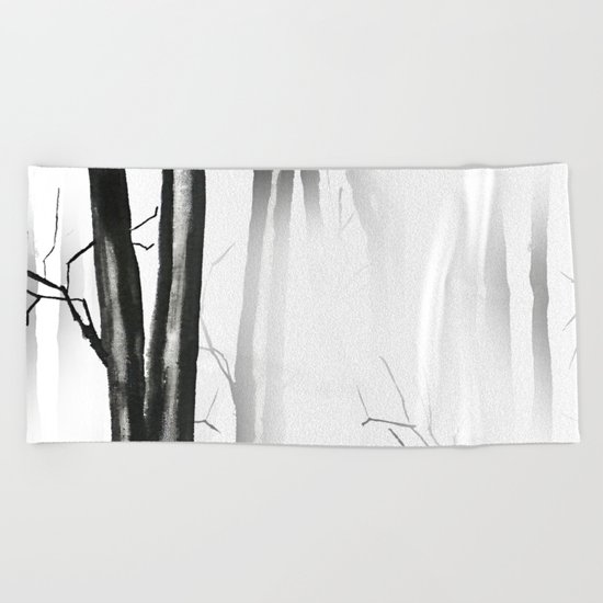 wood, snow and fog Beach Towel
