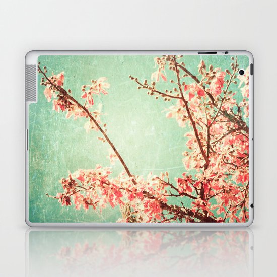 Pink Autumn Leafs on Blue Textured Sky (Vintage Nature Photography) Laptop & iPad Skin