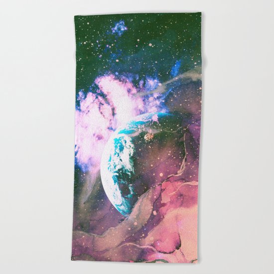 Space Earth Watercolor Beach Towel
