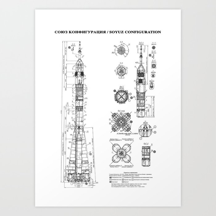 Soyuz Blueprint in High Resolution (white) Art Print