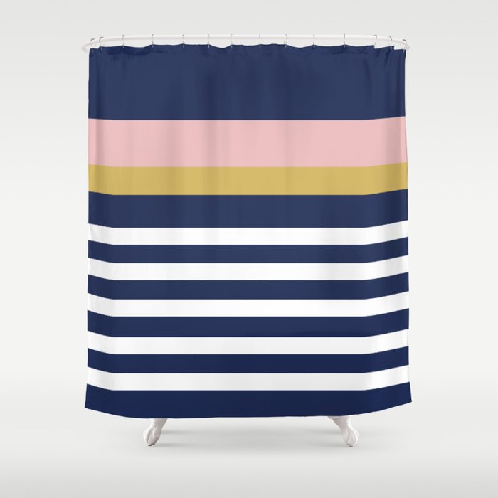 Graduated Stripes In Navy Blue Blush, Mustard Yellow Striped Shower Curtain