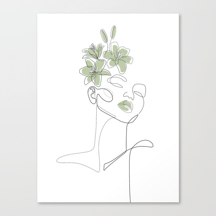 Matcha Lily Girl / Portrait drawing of a woman with flowers on her head Canvas Print