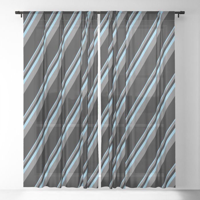 Sky Blue, Dim Grey, and Black Colored Pattern of Stripes Sheer Curtain