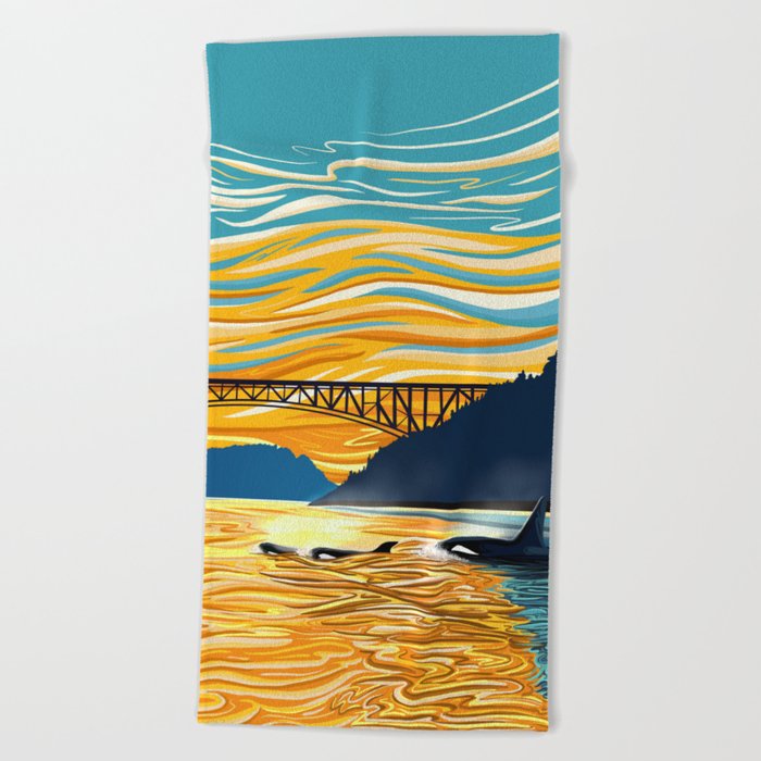 Deception Pass Orca Sunset Swim Beach Towel