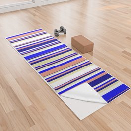 [ Thumbnail: Pale Goldenrod, White, Blue, Dark Salmon, and Dark Blue Colored Pattern of Stripes Yoga Towel ]