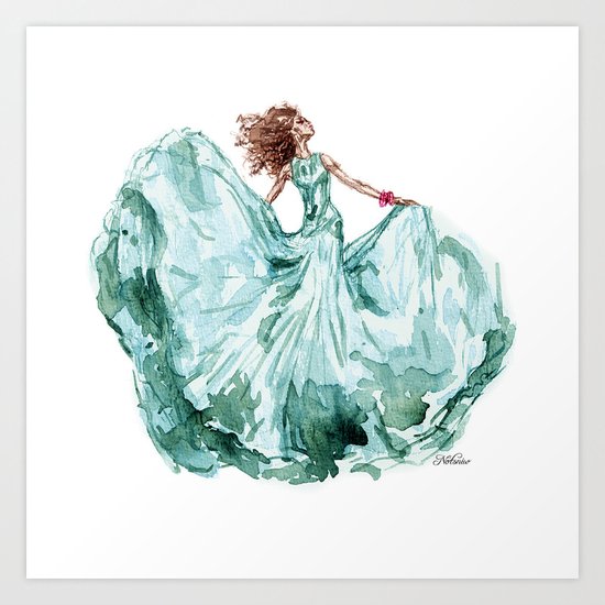 Fashion Blue Turquoise Teal Dress Girl Art Print