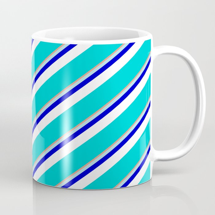 Vibrant Dark Salmon, Powder Blue, Blue, White & Dark Turquoise Colored Lined Pattern Coffee Mug