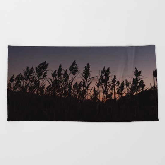 Phragmites silhouette at sunset Beach Towel