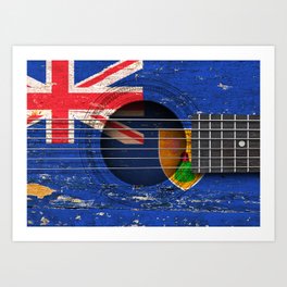 Old Vintage Acoustic Guitar with Turks and Caicos Flag Art Print | Acousticguitar, Vintage, Turksandcaicosflagguitar, Turksandcaicosflag, Oldacousticguitar, Flagofturksandcaicos, Guitarist, Beatupguitar, Turksandcaicospride, Graphicdesign 