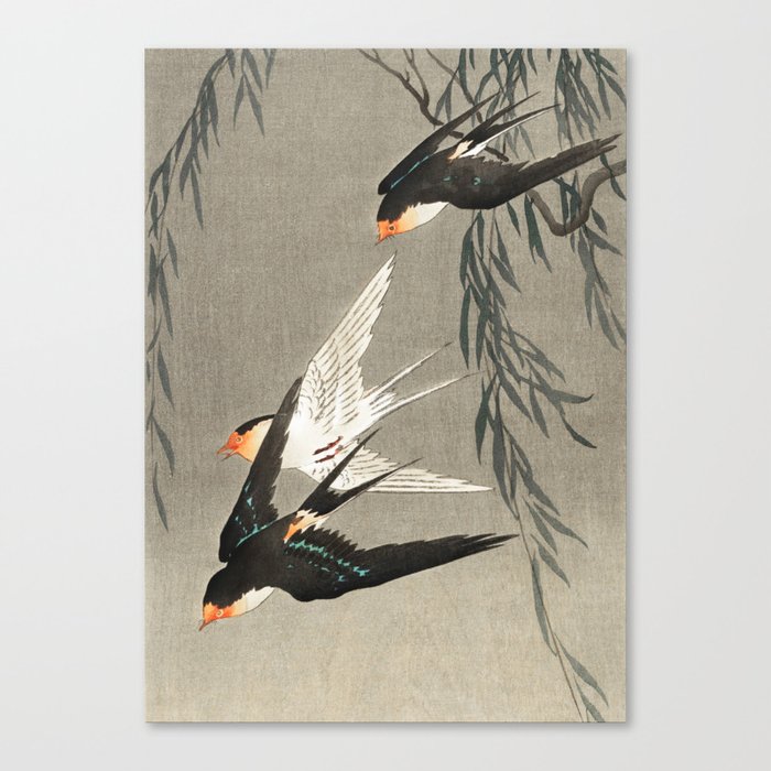 Red tailed swallows in flight - Japanese vintage woodblock print art Canvas Print