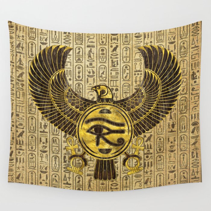 Egyptian Eye of Horus Wadjet Gold and Wood Wall Tapestry by