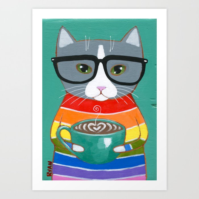 Rainbow Grey Tuxedo Coffee Cat Art Print