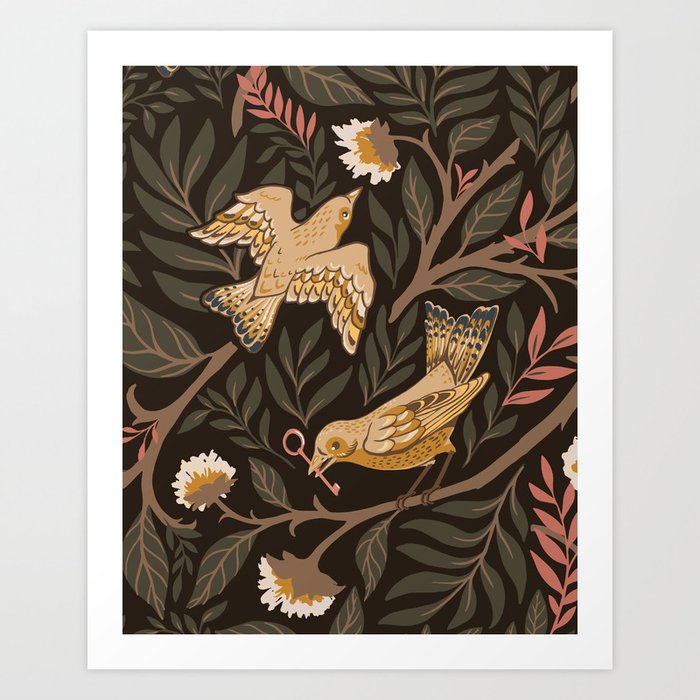 Secret Garden Spring Birds - Forest Green Art Print