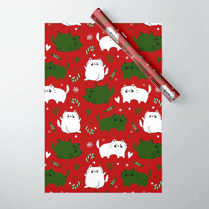 Christmas Cats And Candy Canes Red Wrapping Paper By