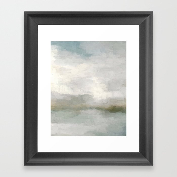Break in the Weather II - Modern Abstract Painting, Light Teal, Sage Green Gray Cloudy Weather Ocean Framed Art Print