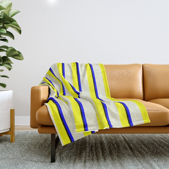 Yellow, Beige, Blue, and Black Colored Lines Pattern Throw Blanket