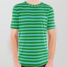 [ Thumbnail: Turquoise & Green Colored Striped Pattern All Over Graphic Tee ]