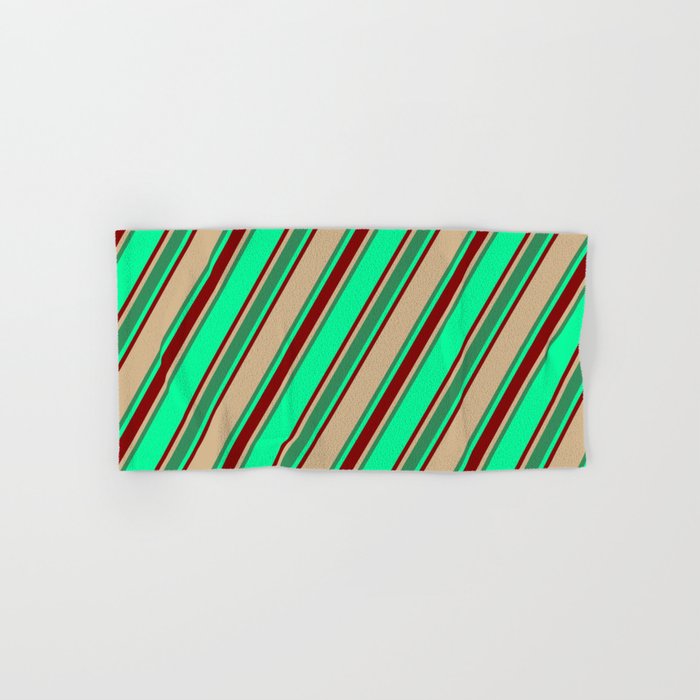 Green, Maroon, Tan & Sea Green Colored Lined/Striped Pattern Hand & Bath Towel