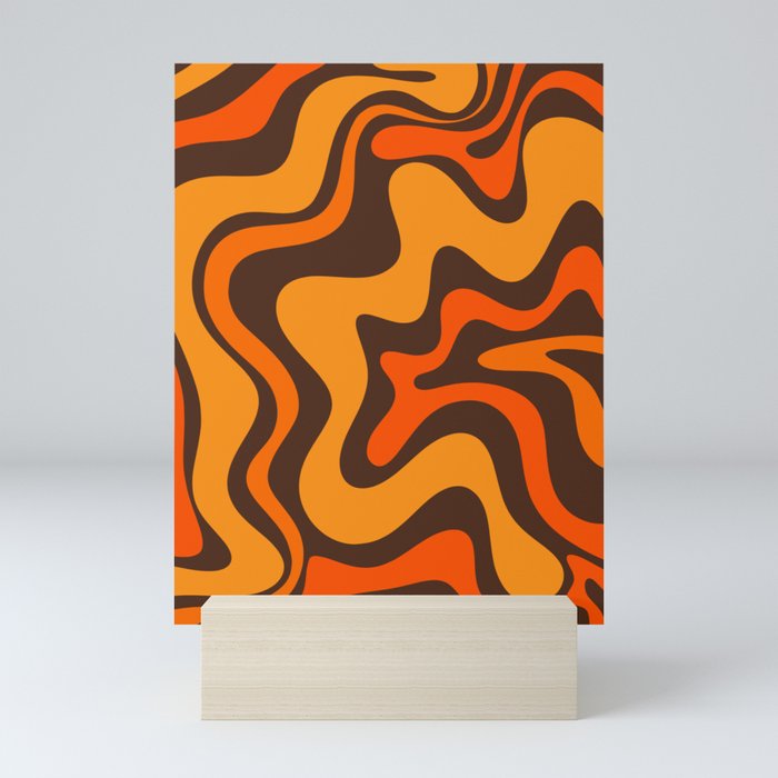 Retro Liquid Swirl Abstract Pattern in 70s Brown and Orange  Mini Art Print