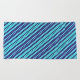 [ Thumbnail: Dark Slate Blue and Turquoise Colored Striped/Lined Pattern Beach Towel ]