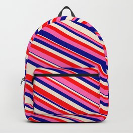 [ Thumbnail: Beige, Red, Hot Pink, and Dark Blue Colored Stripes/Lines Pattern Backpack ]
